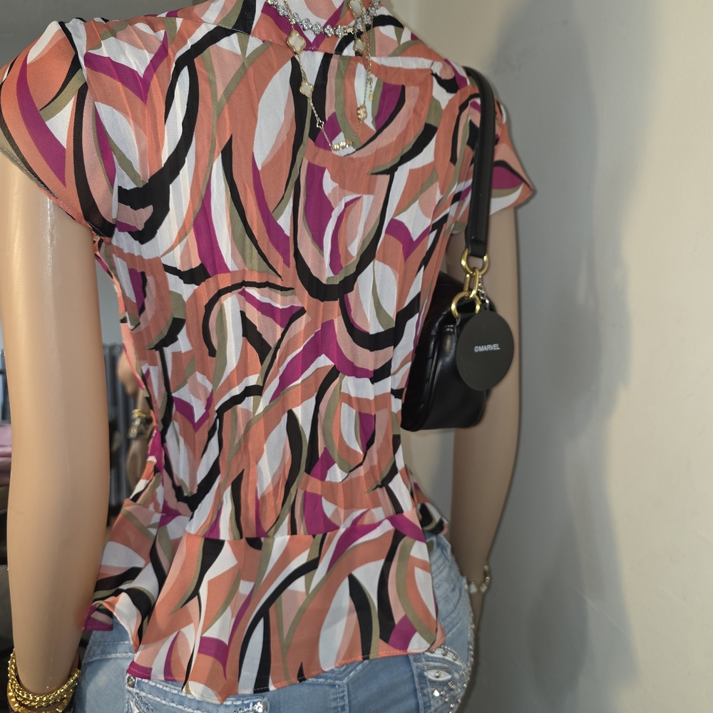 Bethany Pink Orange Abstract Ruffle Front Top - Picture 3 of 3